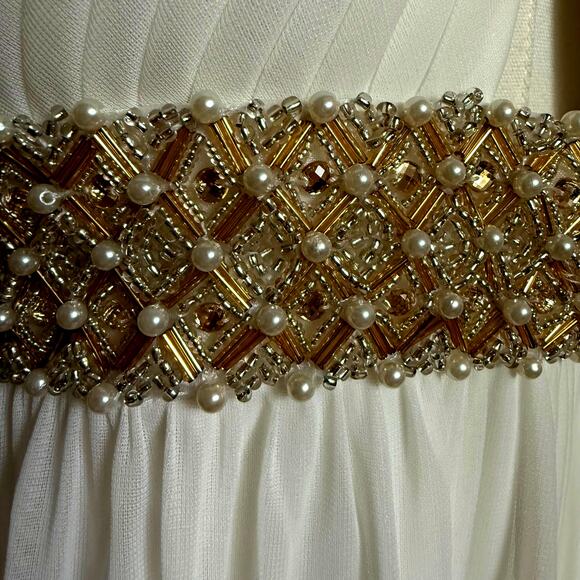 CACHE Maxi Greek Goddess Gown Beaded Belt Size 12 Open Back Zipper Closure - Picture 6 of 11